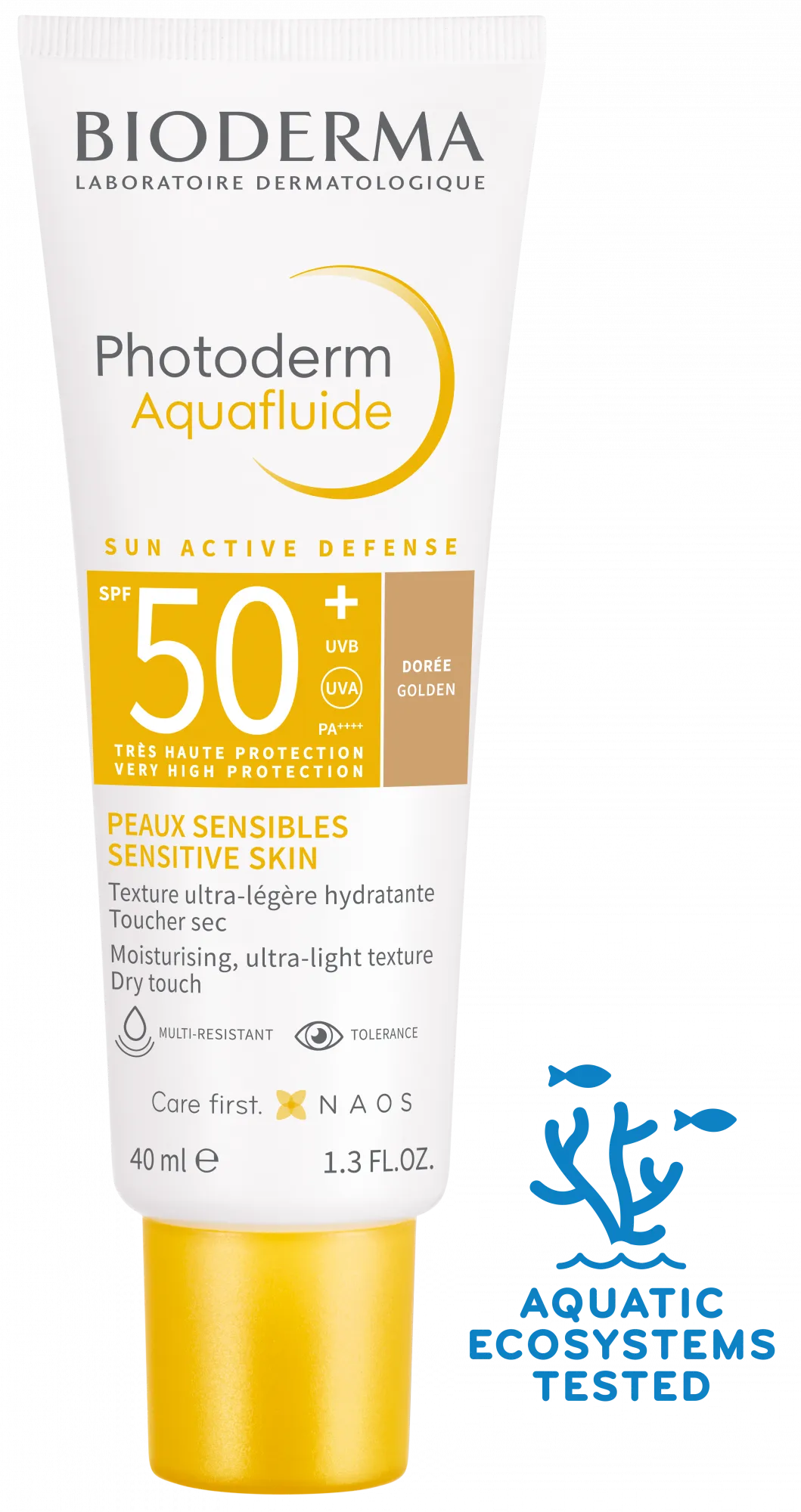 فلوئید ضد آفتاب رنگی بایودرما Aquafluide SPF50+ dorée گلدن 1 فلوئید ضد آفتاب رنگی بایودرما